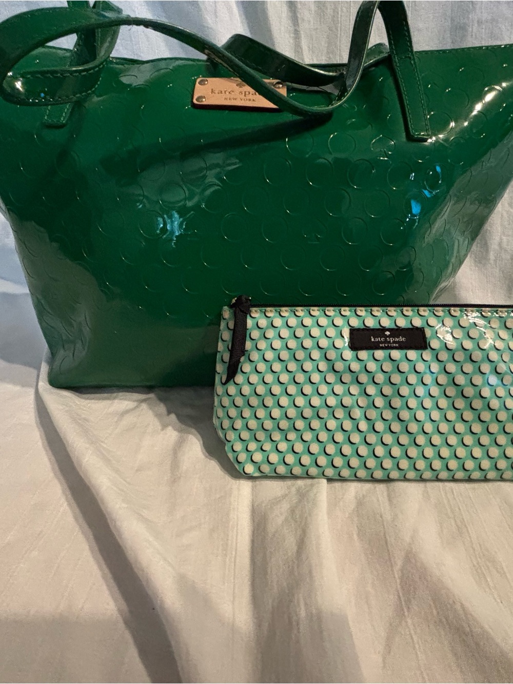 Kate Spade Green Tote with Dot pattern cosmetic bag